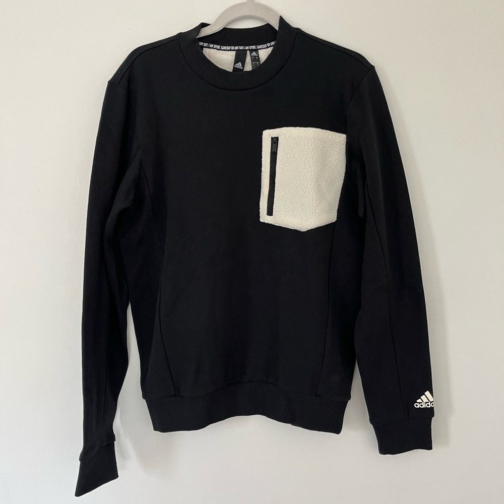 Adidas Black w/Cream White Fleece Front Pocket Crewneck Men's Sweatshirt, S, NWT